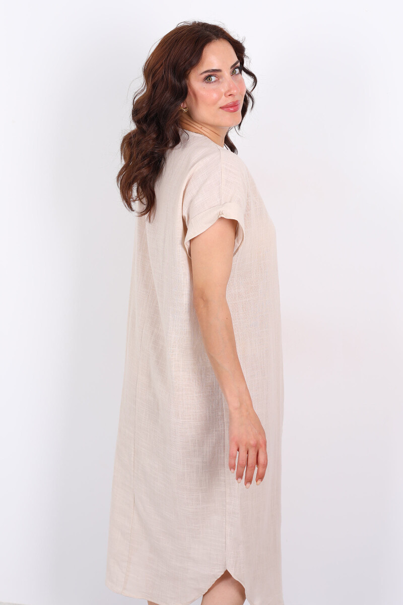 V Yaka Oversize Bej Kadın Keten Elbise - 2
