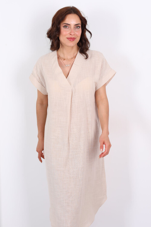 V Yaka Oversize Bej Kadın Keten Elbise - 5