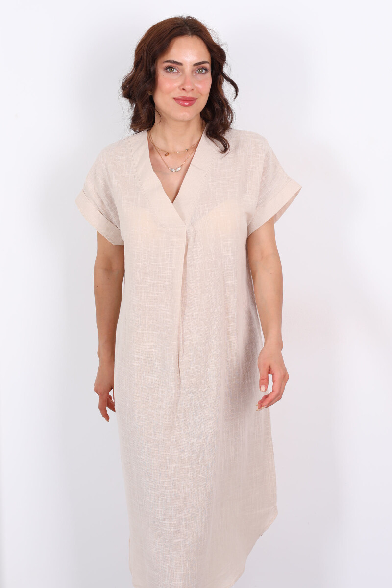 V Yaka Oversize Bej Kadın Keten Elbise - 5