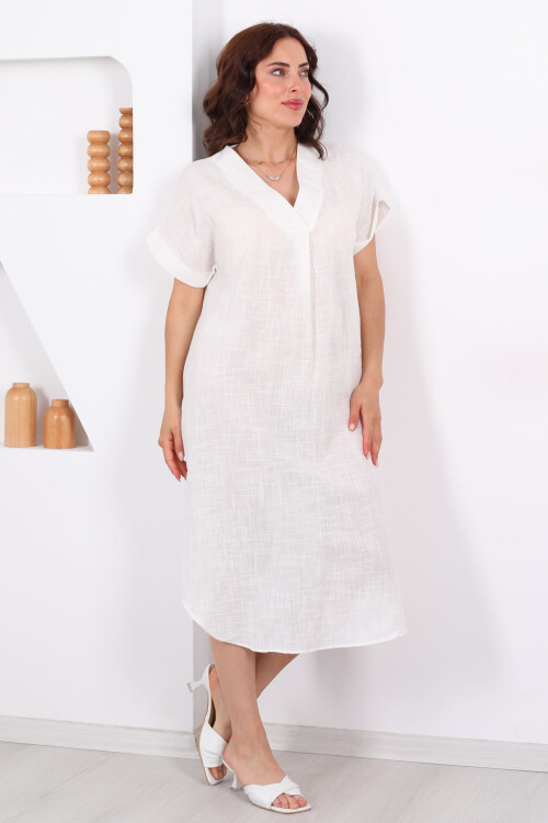 V Yaka Oversize Ekru Kadın Keten Elbise - 3