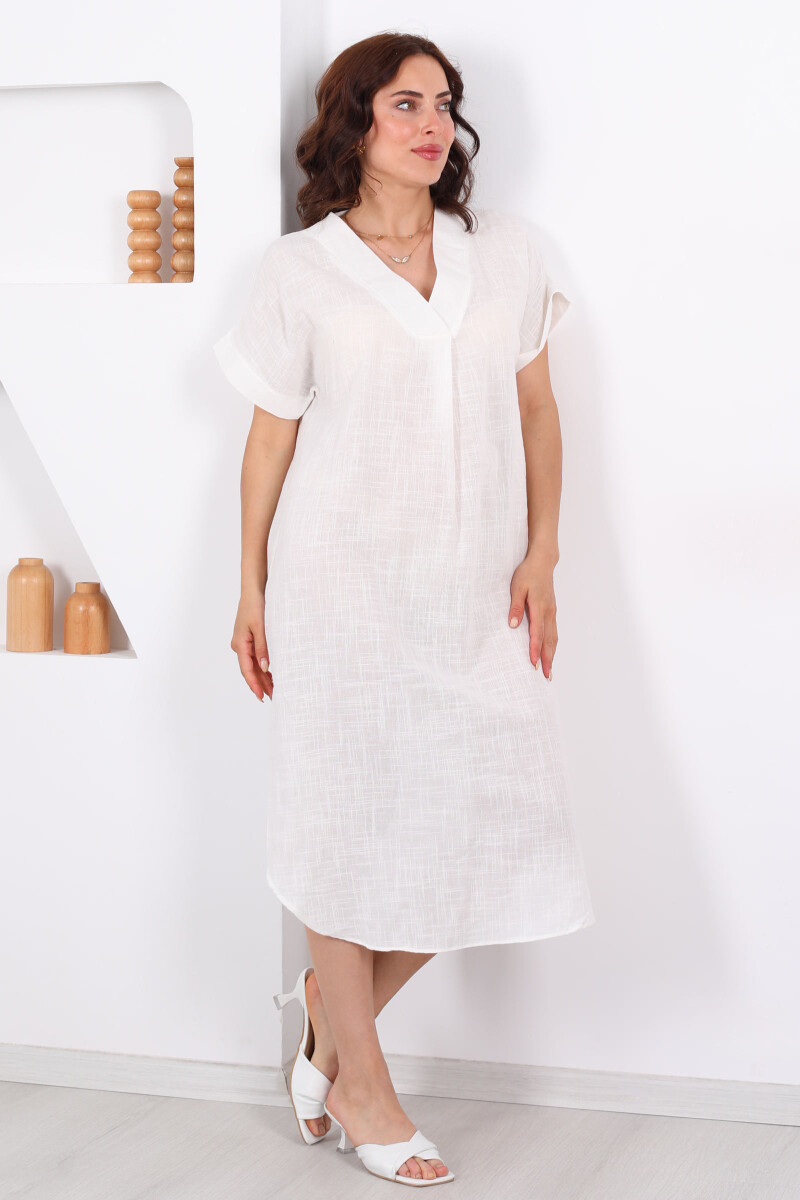 V Yaka Oversize Ekru Kadın Keten Elbise - 3