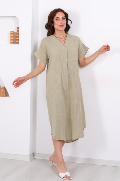 V Yaka Oversize Haki Kadın Keten Elbise 