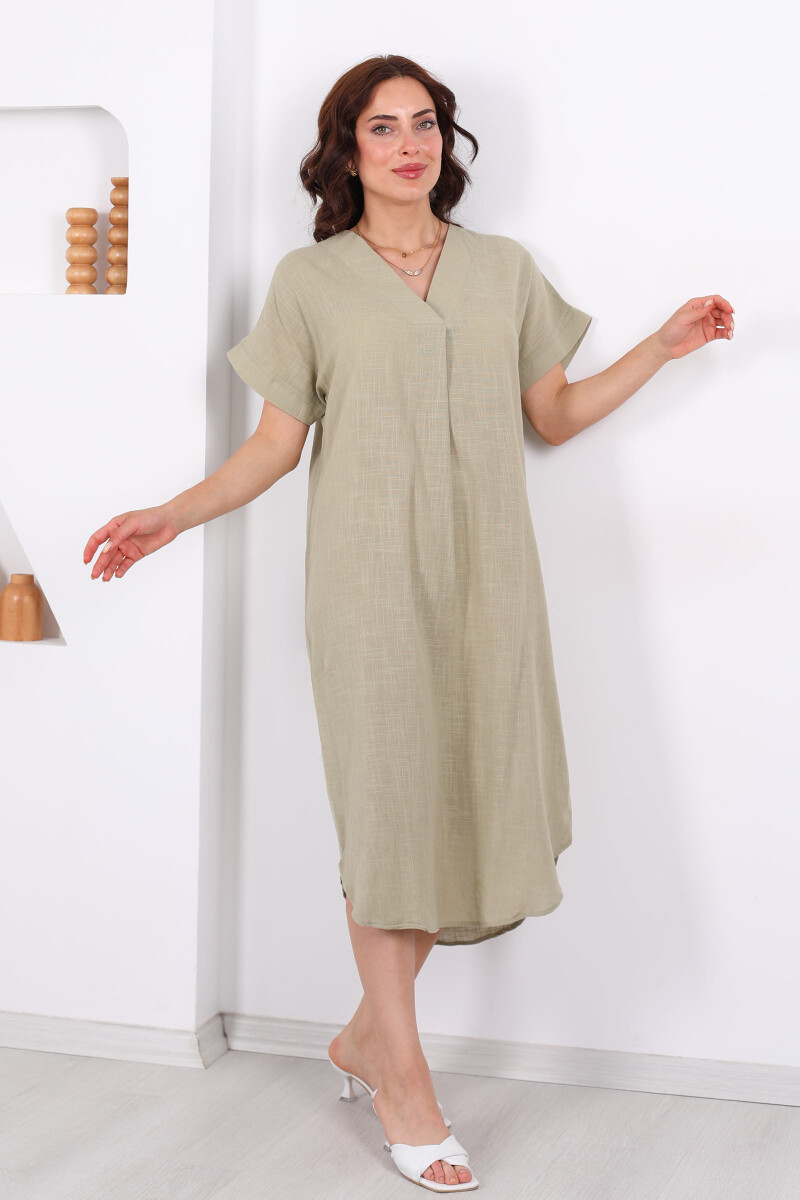 V Yaka Oversize Haki Kadın Keten Elbise - 1