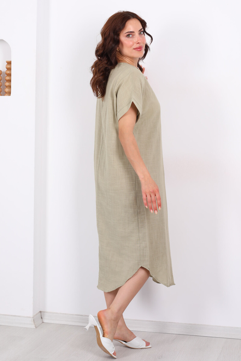 V Yaka Oversize Haki Kadın Keten Elbise - 6