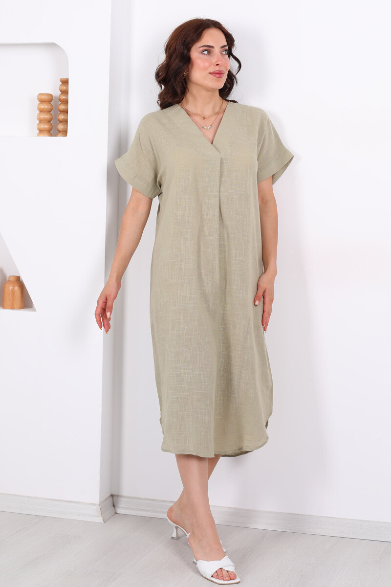 V Yaka Oversize Haki Kadın Keten Elbise - 4