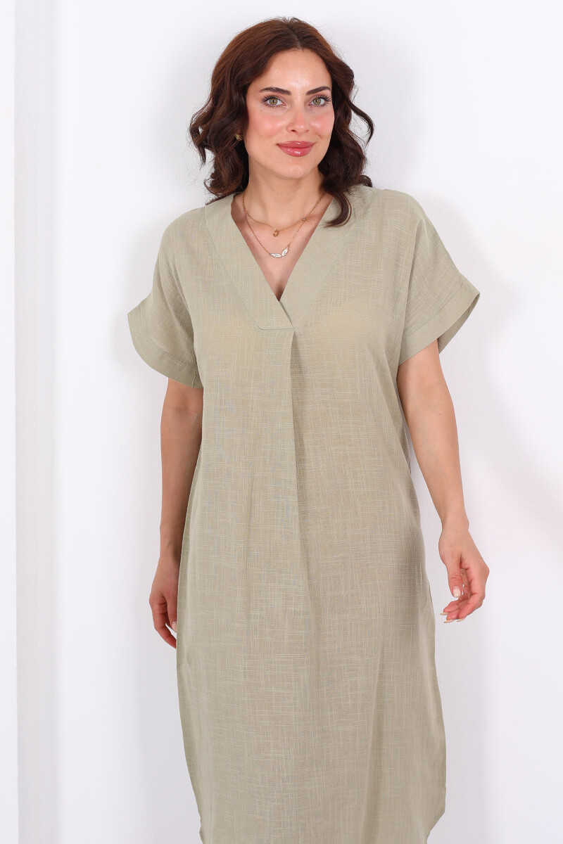 V Yaka Oversize Haki Kadın Keten Elbise - 3
