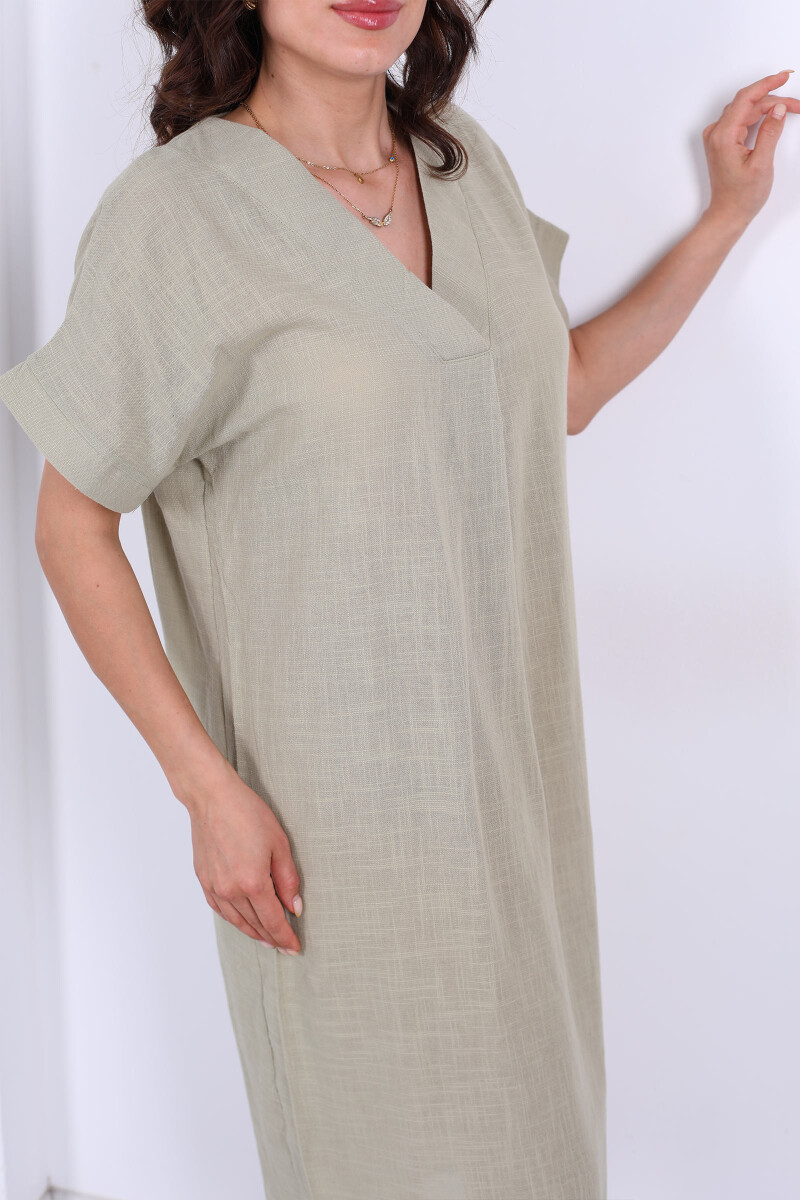 V Yaka Oversize Haki Kadın Keten Elbise - 2