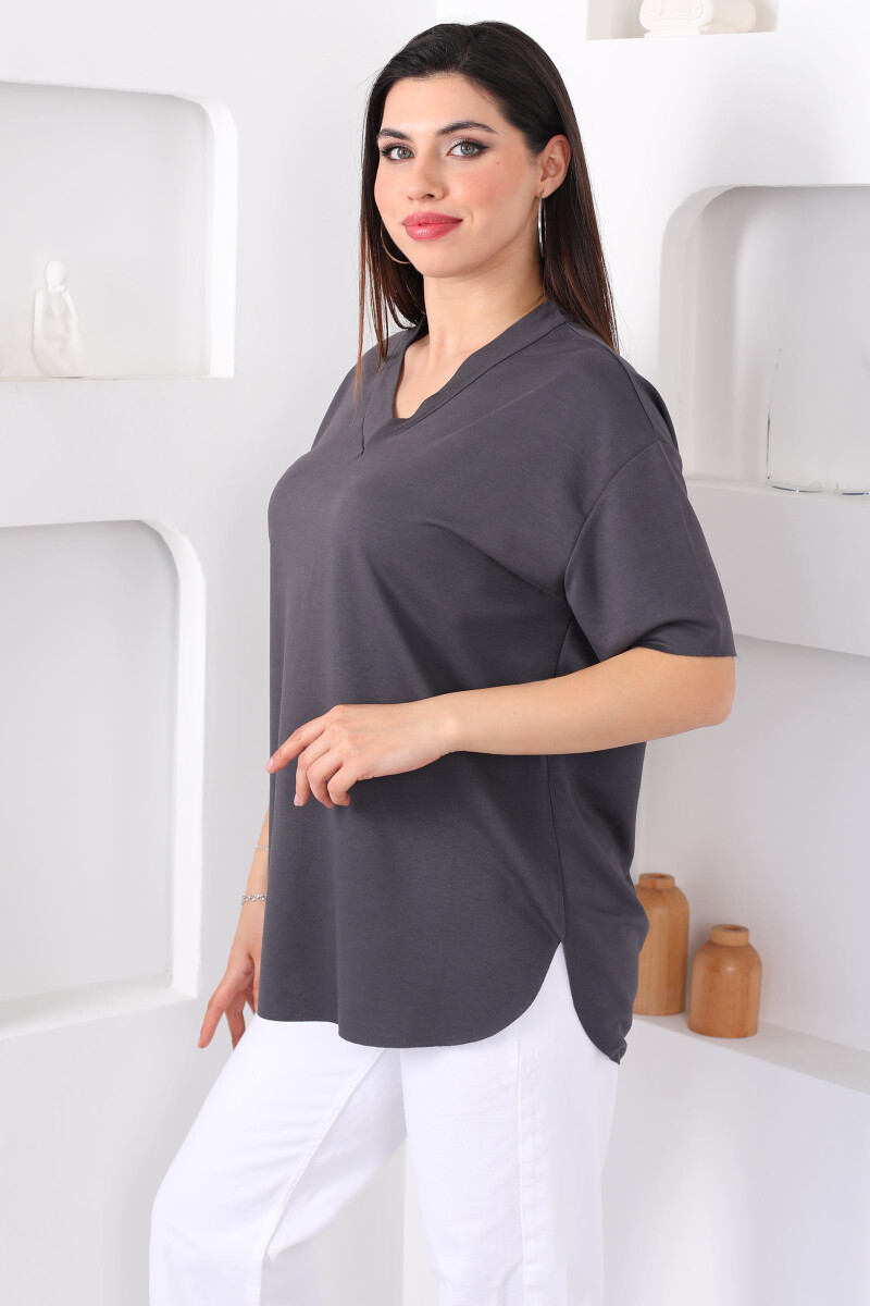V Yaka Oversize Modal Antrasit Kadın Bluz - 4