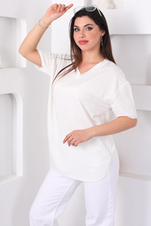 V Yaka Oversize Modal Beyaz Kadın Bluz 
