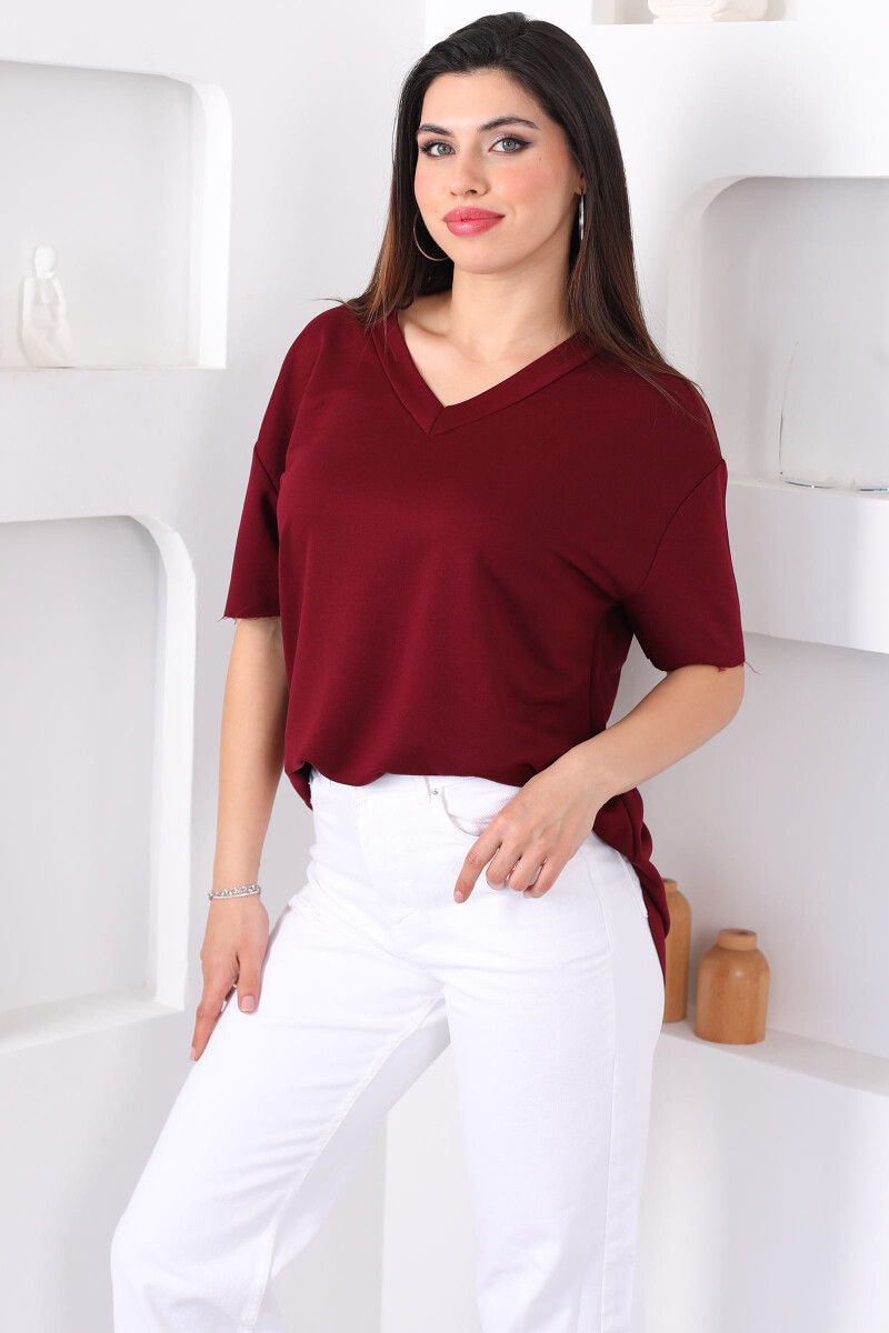 V Yaka Oversize Modal Bordo Kadın Bluz - 1