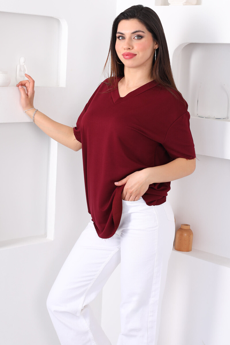 V Yaka Oversize Modal Bordo Kadın Bluz - 3