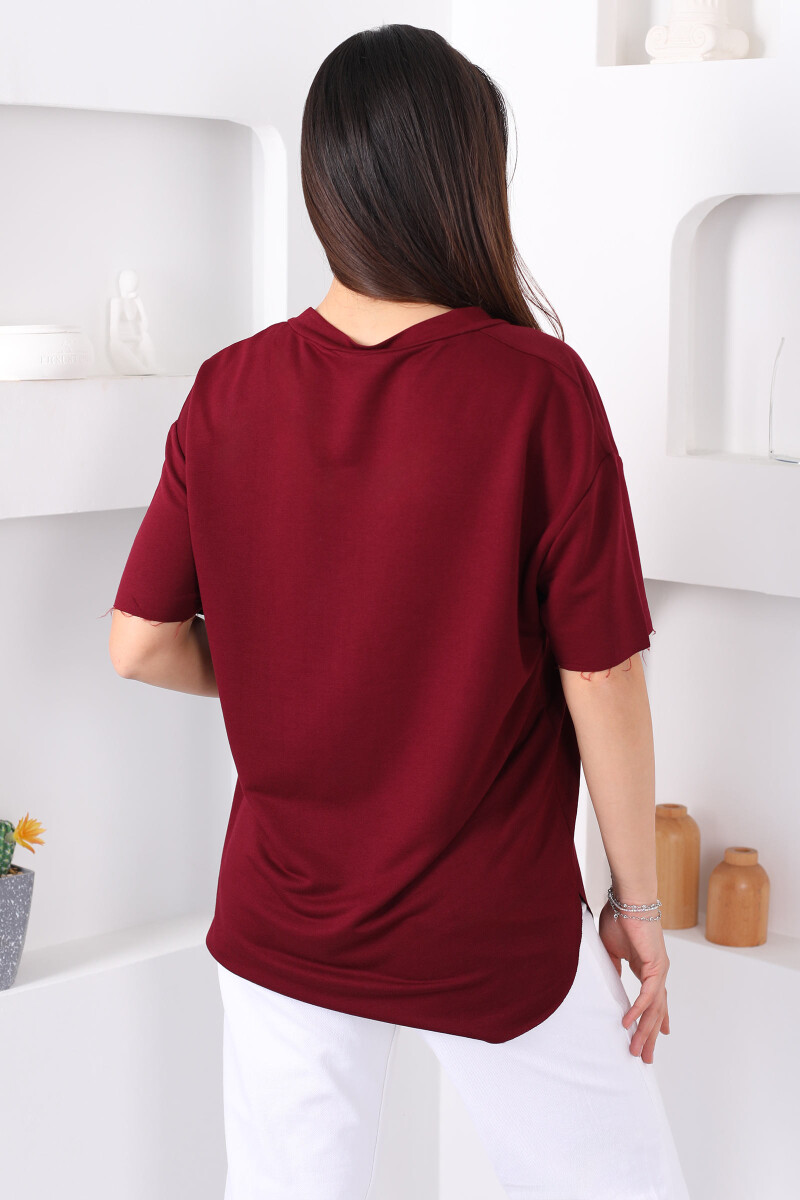 V Yaka Oversize Modal Bordo Kadın Bluz - 4
