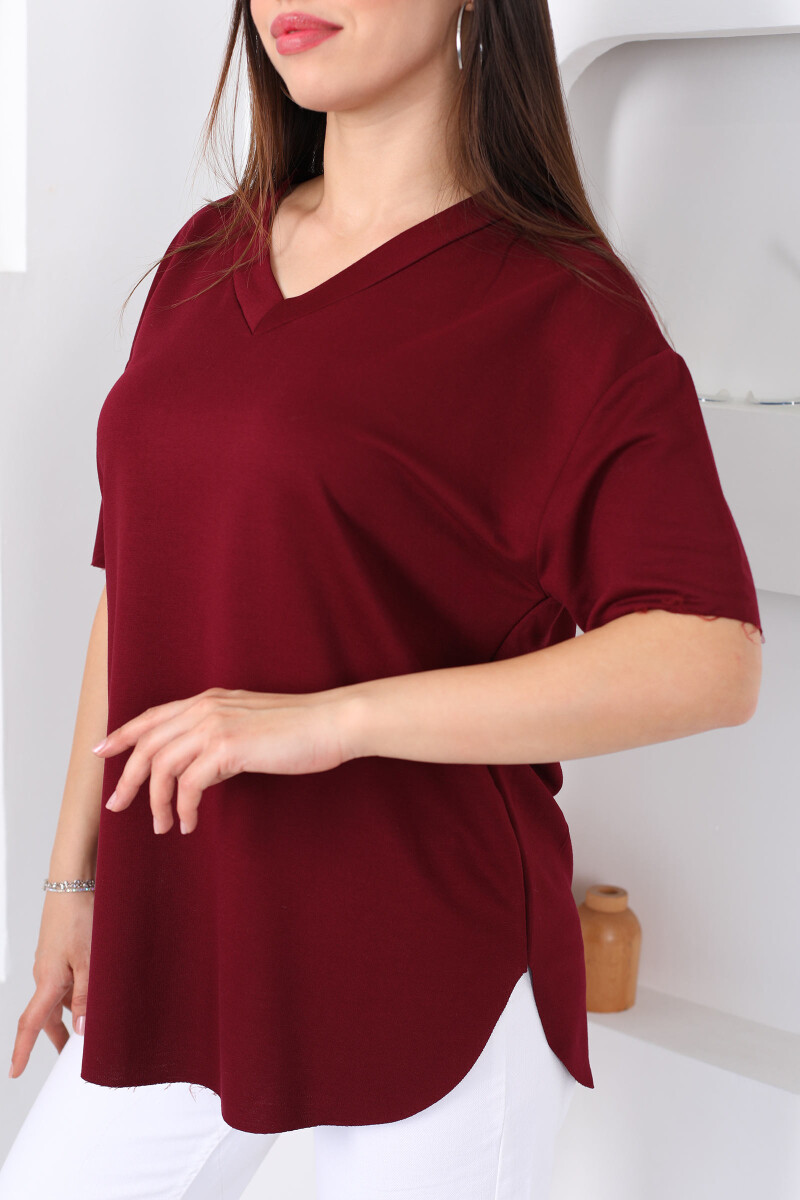 V Yaka Oversize Modal Bordo Kadın Bluz - 2