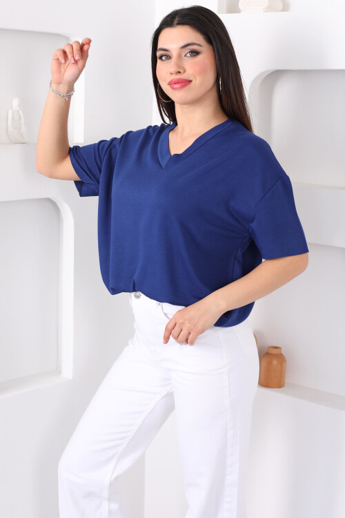 V Yaka Oversize Modal Lacivert Kadın Bluz - 1