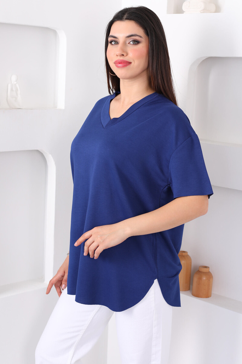 V Yaka Oversize Modal Lacivert Kadın Bluz - 3
