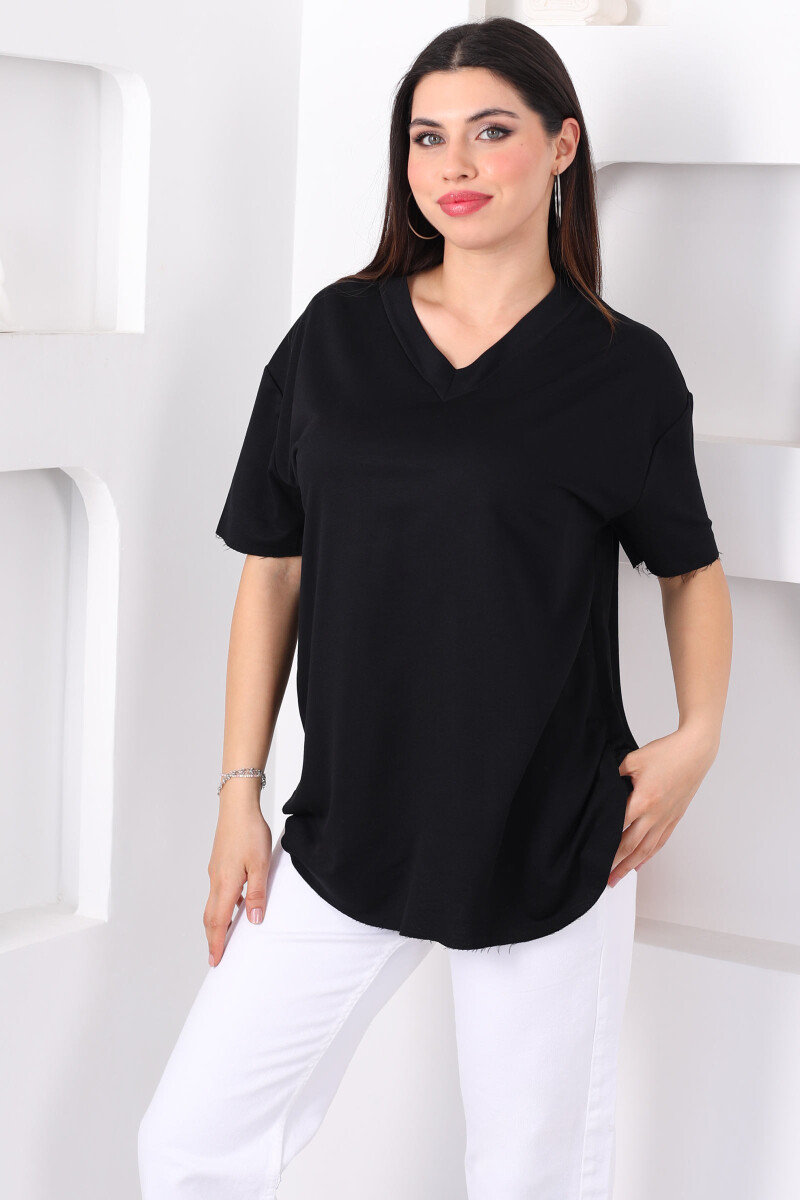 V Yaka Oversize Modal Siyah Kadın Bluz - 3