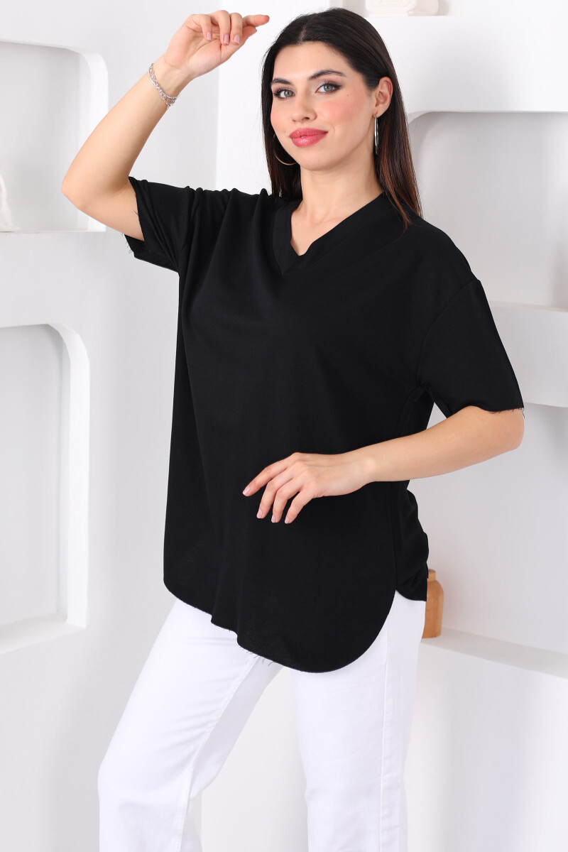 V Yaka Oversize Modal Siyah Kadın Bluz - 1