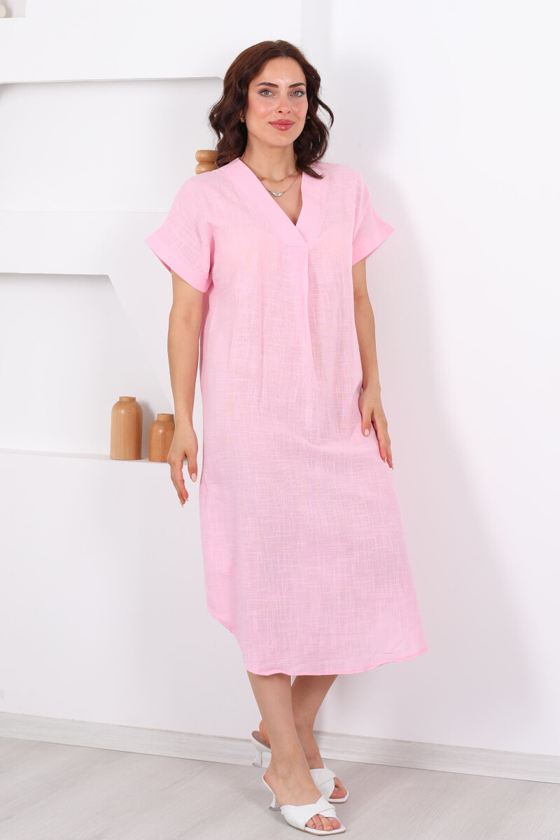 V Yaka Oversize Pembe Kadın Keten Elbise - 5