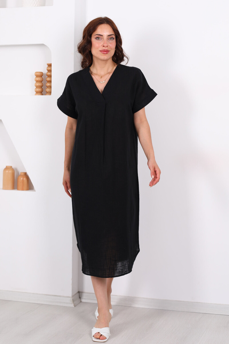 V Yaka Oversize Siyah Kadın Keten Elbise - 3