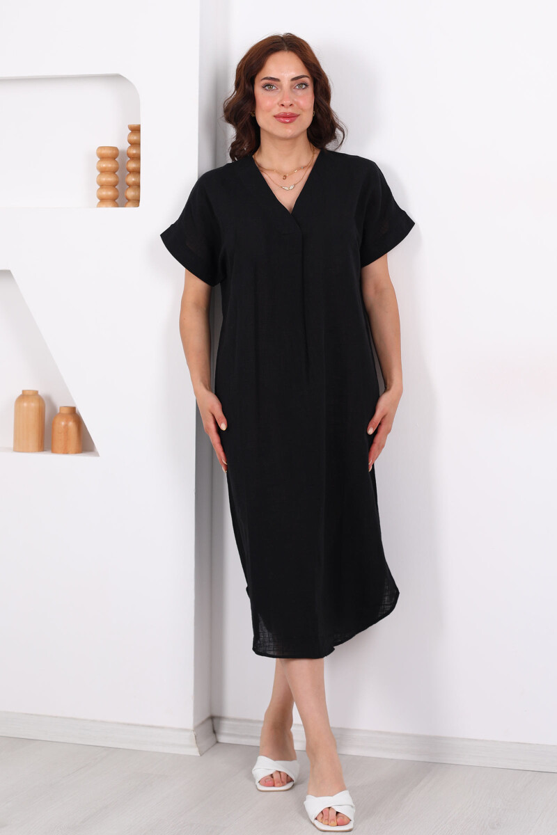 V Yaka Oversize Siyah Kadın Keten Elbise - 5