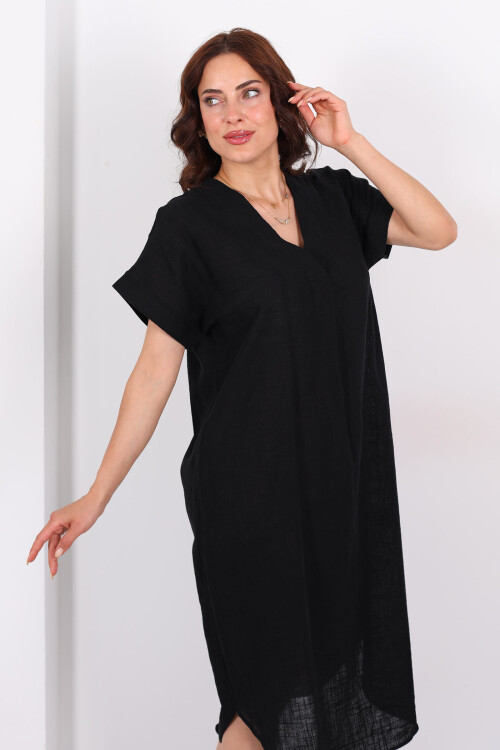 V Yaka Oversize Siyah Kadın Keten Elbise - 4