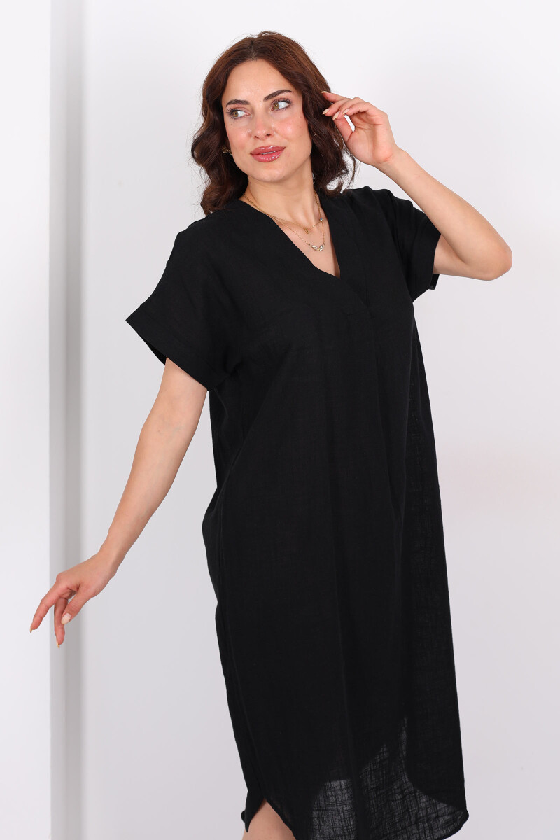 V Yaka Oversize Siyah Kadın Keten Elbise - 4