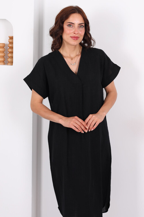 V Yaka Oversize Siyah Kadın Keten Elbise 