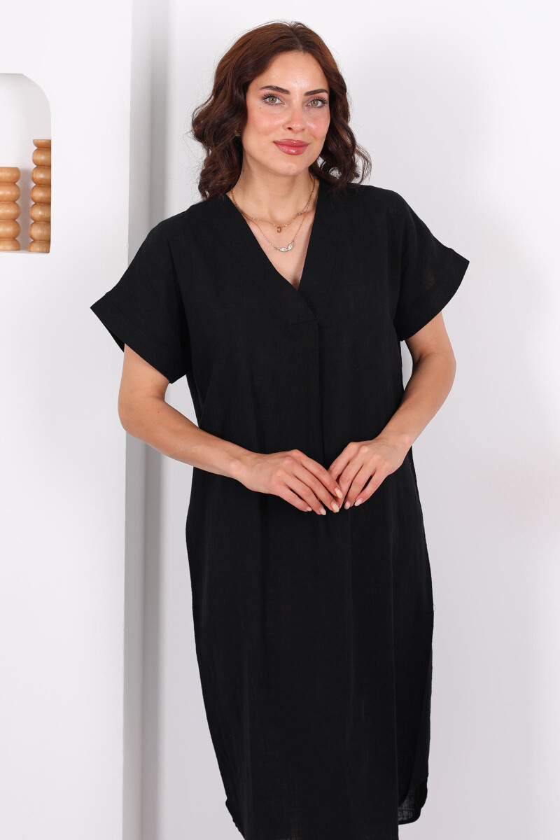 V Yaka Oversize Siyah Kadın Keten Elbise - 1