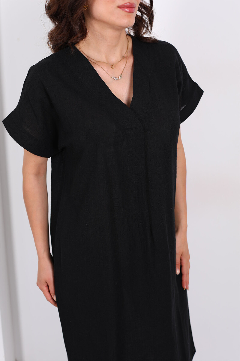 V Yaka Oversize Siyah Kadın Keten Elbise - 2