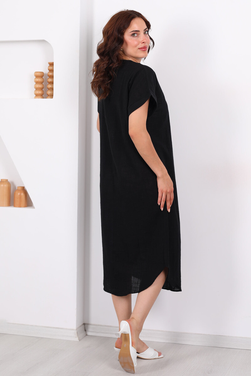 V Yaka Oversize Siyah Kadın Keten Elbise - 6