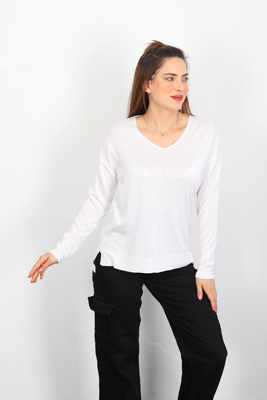 V Yaka Salaş Triko Beyaz Kadın Kazak - 1