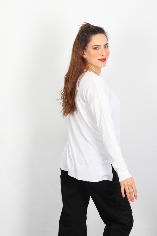 V Yaka Salaş Triko Beyaz Kadın Kazak - 2