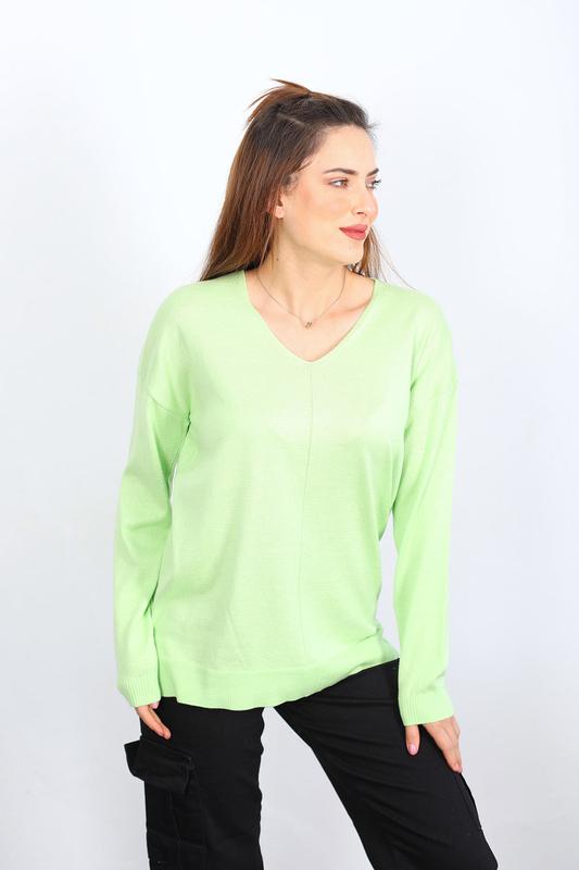 V Yaka Salaş Triko Çağla Yeşili Kadın Kazak - 2