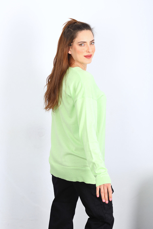 V Yaka Salaş Triko Çağla Yeşili Kadın Kazak - 3