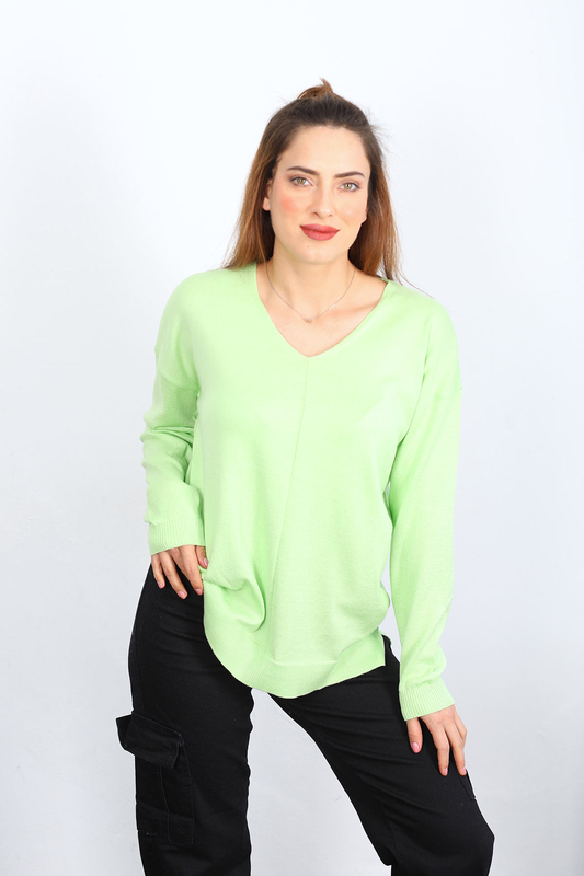 V Yaka Salaş Triko Çağla Yeşili Kadın Kazak - 1