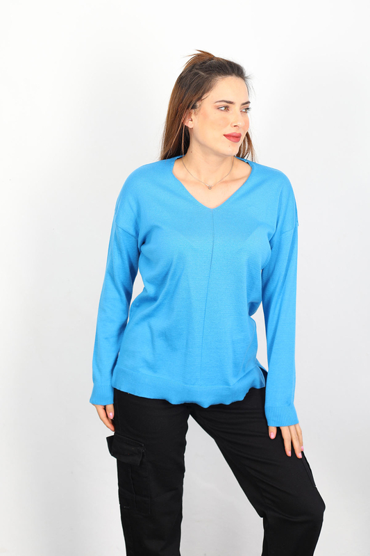 V Yaka Salaş Triko Mavi Kadın Kazak - 1