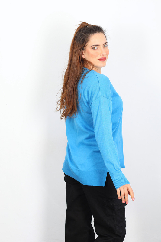 V Yaka Salaş Triko Mavi Kadın Kazak - 2