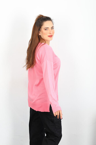 V Yaka Salaş Triko Pembe Kadın Kazak - 3