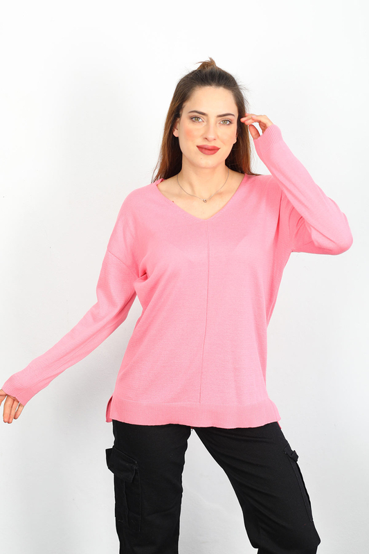 V Yaka Salaş Triko Pembe Kadın Kazak - 2