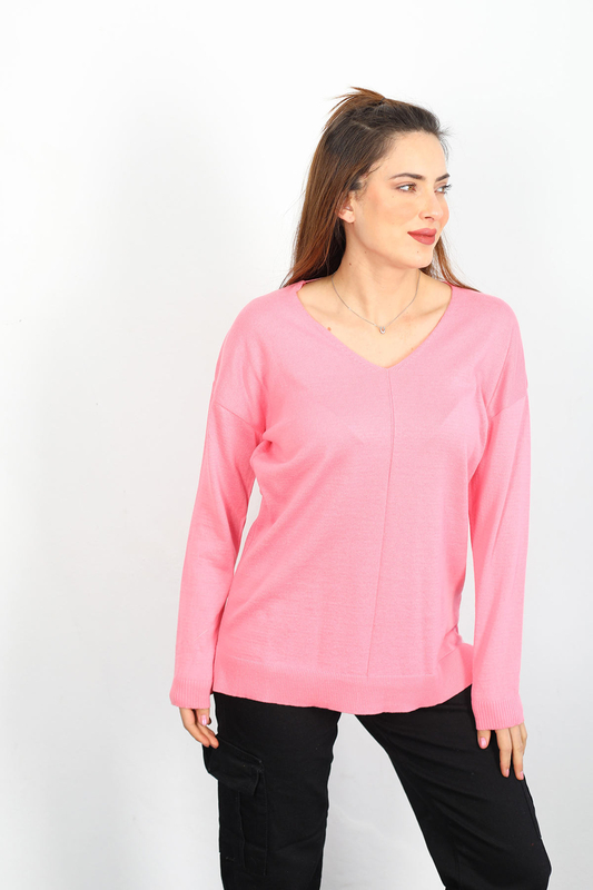 V Yaka Salaş Triko Pembe Kadın Kazak - 1