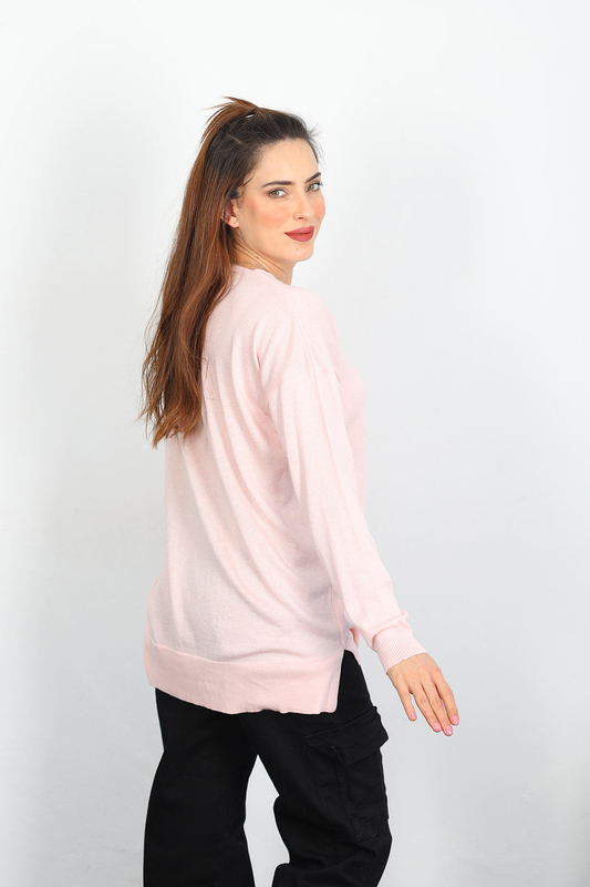 V Yaka Salaş Triko Pudra Kadın Kazak - 2