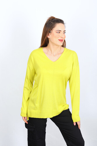 V Yaka Salaş Triko Yeşil Kadın Kazak - Berox