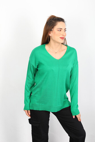 V Yaka Salaş Triko Zümrüt Yeşili Kadın Kazak - Berox