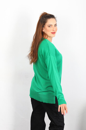V Yaka Salaş Triko Zümrüt Yeşili Kadın Kazak - 3