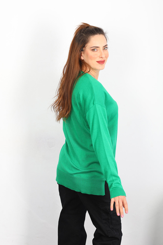 V Yaka Salaş Triko Zümrüt Yeşili Kadın Kazak - 3