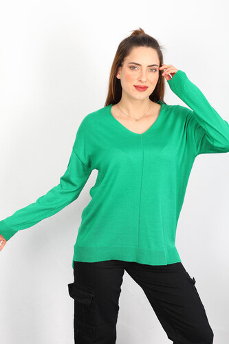 V Yaka Salaş Triko Zümrüt Yeşili Kadın Kazak - Berox (1)