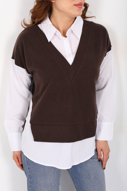 V Yaka Selanik Süveter Kahverengi Gömlek Bluz - Berox (1)
