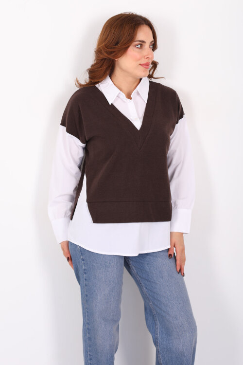 V Yaka Selanik Süveter Kahverengi Gömlek Bluz - 5