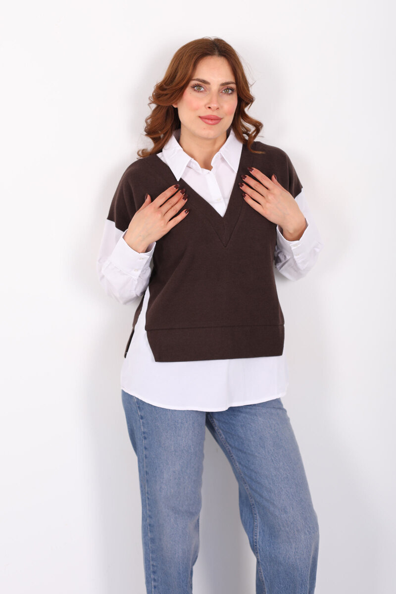 V Yaka Selanik Süveter Kahverengi Gömlek Bluz - 1