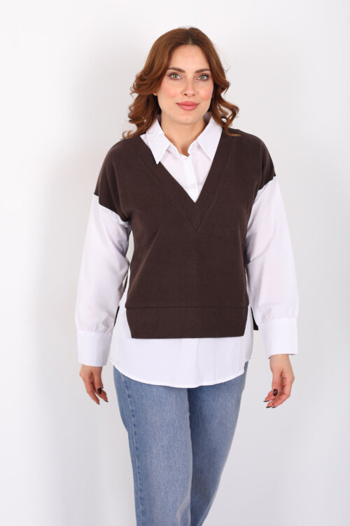 V Yaka Selanik Süveter Kahverengi Gömlek Bluz - 3